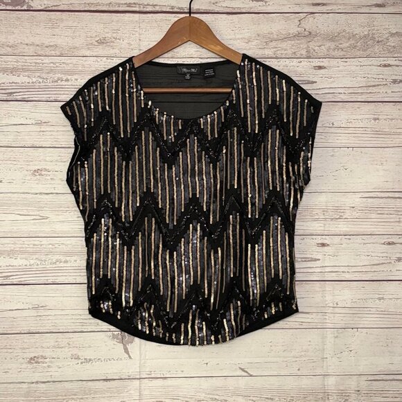 Miss Me Cocktail Hour Top Blk Gld Blue Sequins XS - Picture 1 of 7